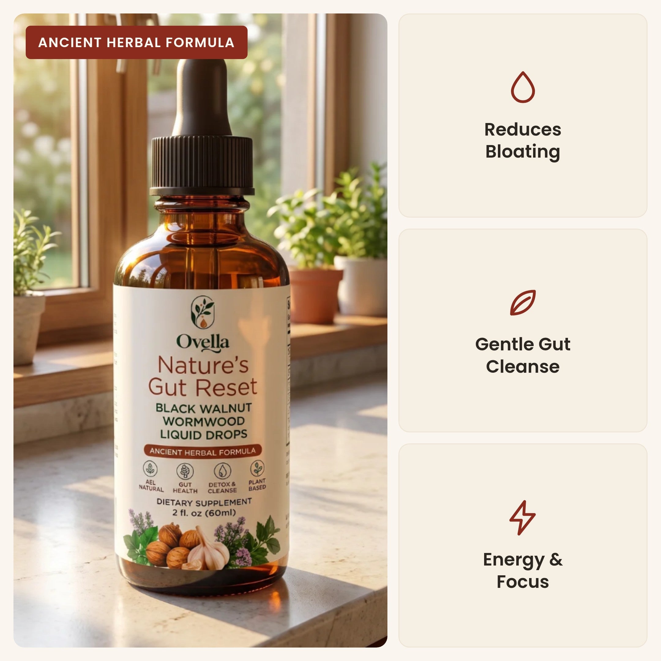 Ovella gut cleanse drops — reduces bloating, gentle gut cleanse, energy and focus