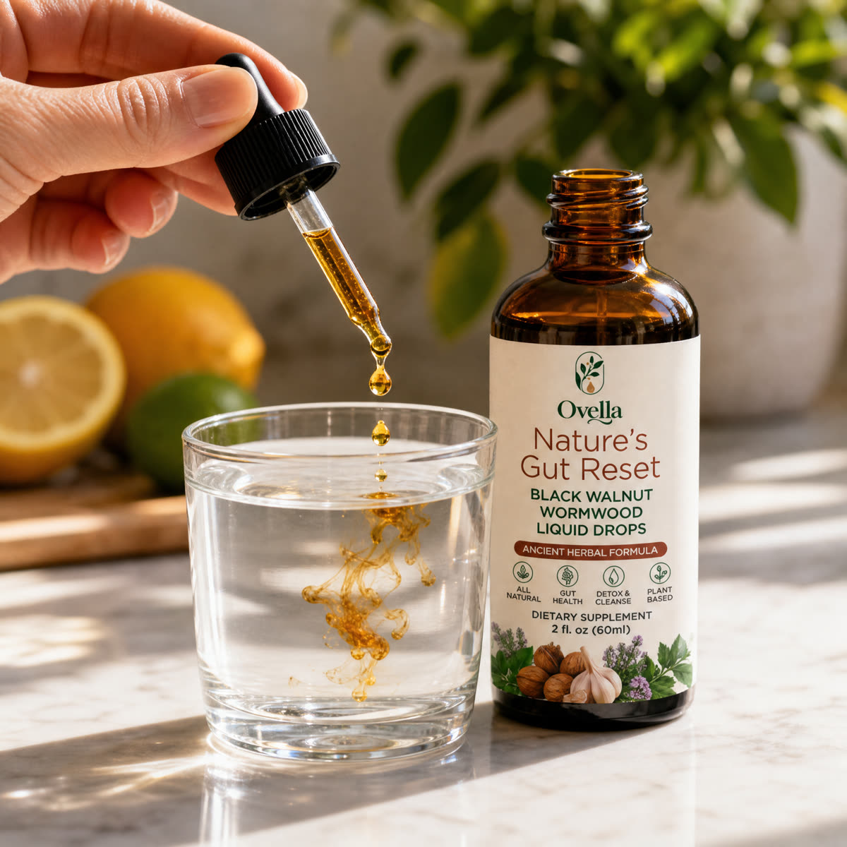 Ovella drops added to a glass of water