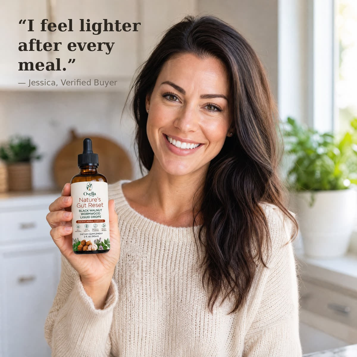 Happy Ovella customer holding bottle